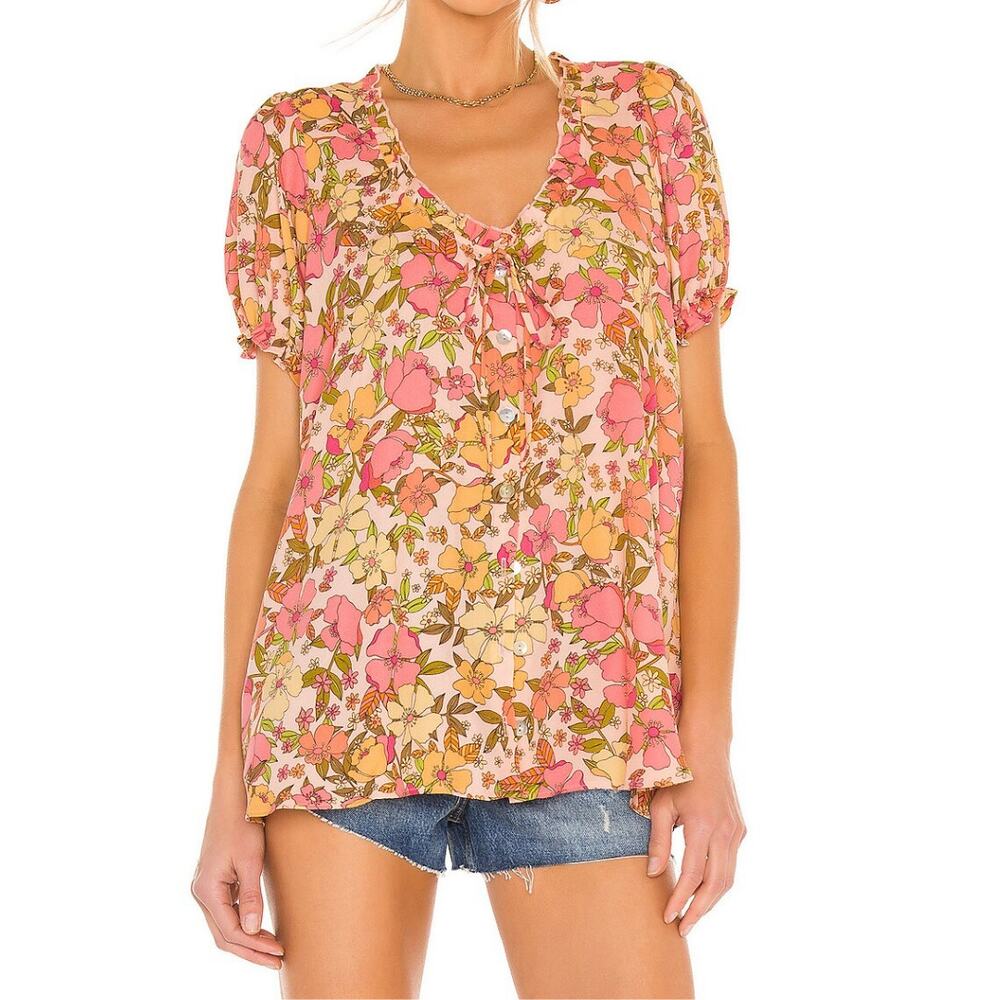 Show Me Your Mumu | Brunch Pretty Poppy Pink Floral Ruffle Puff Sleeve Blouse
